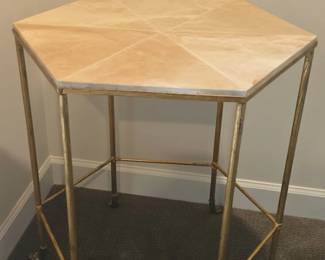 Hexagonal Marble Top Side Table with Gilt Metal Frame and Paw Feet