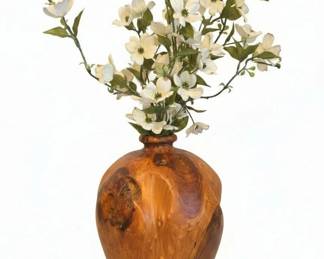 Large Burl Wood Vase with White Dogwood Artificial Flowers