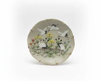 Antique Japanese Kutani Porcelain Plate with Cranes and Flowers