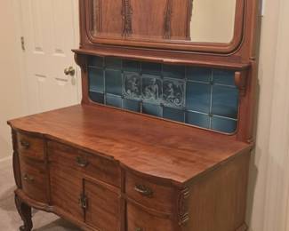 Antique Tiger Oak Serpentine Front Dresser with Mirror