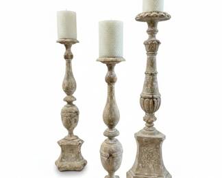 Set of Distressed Wood Pedestal Candle Holders with Beeswax Candles