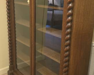 Antique Oak Display Cabinet with Barley Twist Columns and Carved Frieze
