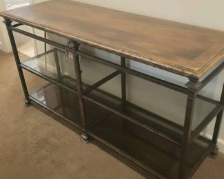 Industrial Console Table with Dark Wood Top and Glass Shelves