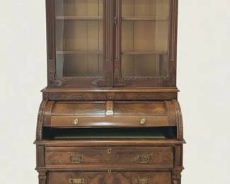 Victorian Eastlake Walnut and Burl Cylinder RollTop Desk with Glazed Bookcase