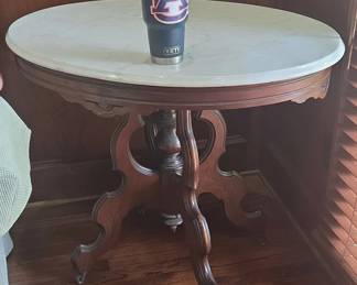 Antique Victorian Eastlake Style Walnut Marble Top Parlor Table