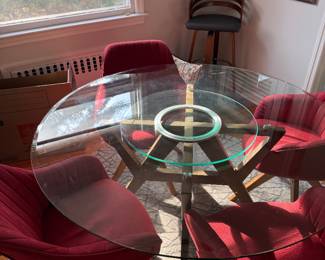 Mcm glass table with red velvet chair 