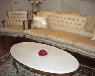 Antique sofa and matching chairMarble top antique coffee table