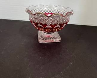 Ruby Overlay Cut Crystal Footed Bowl