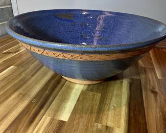 Large Blue Ceramic Serving Bowl with Geometric Band
