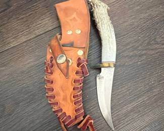 Custom Antler Handle Hunting Knife with Buck Carving and Leather Sheath