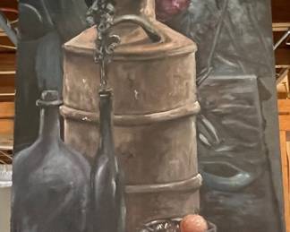 Still Life Oil Painting with Bottles and Jug