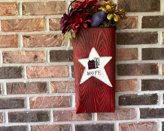 Primitive Farmhouse Style Wooden Wall Planter with Faux Flowers and "HOPE" Star Motif