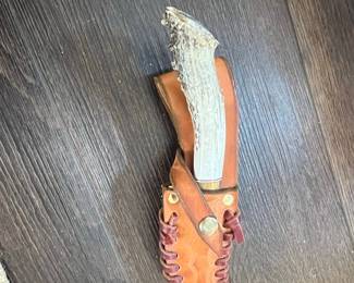 Custom Antler Handle Hunting Knife with Buck Carving and Leather Sheath
