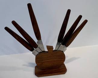 Mid-Century Modern Fruit Knife Set with Teak Handles and Apple-Shaped Block
