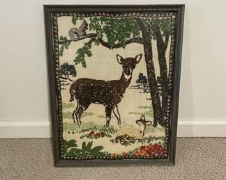 Framed Needlepoint Tapestry with Deer and Fawn