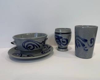 German Salt Glaze Stoneware Set with Blue Swirls