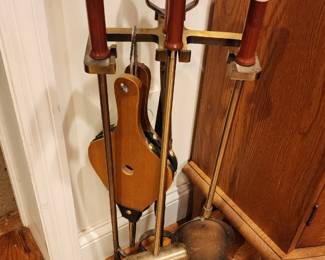  Vintage brass fireplace tool set featuring four tools with sculpted duck head handles
