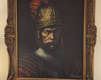 Vintage man with golden helmet after Rembrandt oil painting on canvas signed