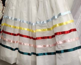 White pleated skirt adorned with horizontal satin ribbons-Ribbon Skirt