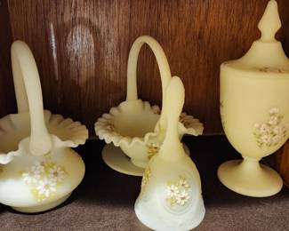 Fenton custard satin glass pieces
