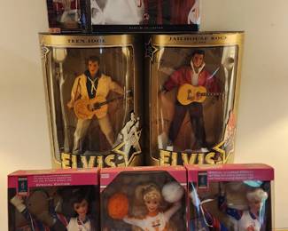 Barbie dolls, including the "Elvis and Priscilla" wedding set, two "Teen Idol" and "Jailhouse Rock" guitar-themed figures, and three "Olympic Gymnast" dolls in various sports uniforms