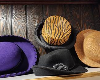 Vintage-style hats, including a purple felt hat, a black fedora with a decorative flower, a straw hat, and a round hat with a bold tiger-print pattern