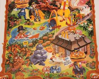 This vintage McDonald's McDonaldLand poster from the 1970s features colorful illustrations of characters like Ronald McDonald, Grimace, Birdie, and the Hamburglar set against a whimsical landscape