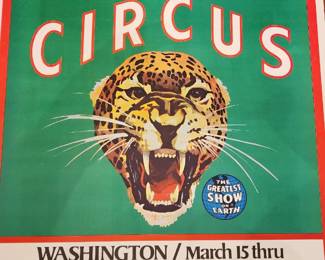 This vintage poster advertises the Ringling Bros. and Barnum & Bailey Circus for a performance at Washington Coliseum from March 15 to April 11