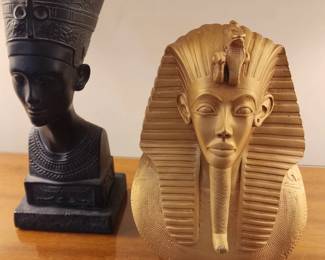 Two Egyptian-style busts, one depicting Queen Nefertiti & King Tutankhamun