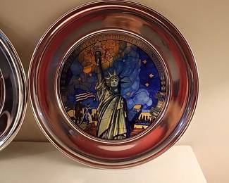 US Historical Society pewter stained-glass plate depicting the Statue of Liberty