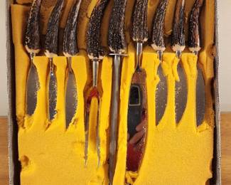 Vintage stag antler steak knife set with stainless steel blades
