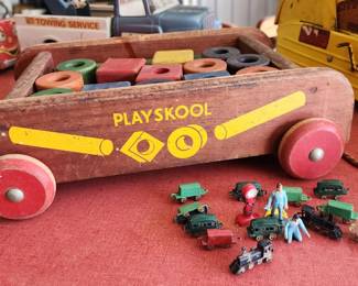  Vintage Playskool wooden wagon filled with colorful blocks