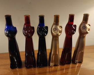 Vintage blue, red & gold glass happy cat bottle – collectible wine decanter, vase