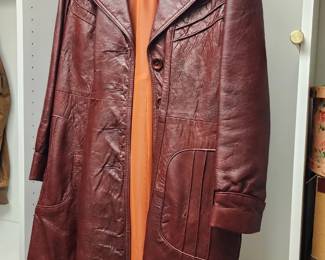 Vintage long, burgundy leather trench coat with large front pockets