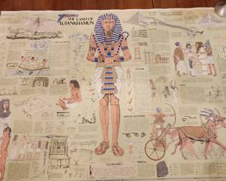 This illustrated papyrus map depicts Tutankhamun surrounded by scenes of ancient Egyptian life, including pyramids, hieroglyphs, and daily activities