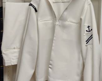 U.S. Navy Service Dress White Uniform set, including a jacket, pants, and a matching neckerchief