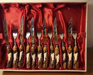 VINTAGE ANTON WINGEN Jr. Solingen Germany Rostfrei Stag Handle Steak Knife and Fork Set
