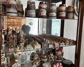 Budweiser Christmas beer steins, Christmas village bells, pieces etc