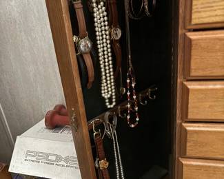 full jewelry box. pearls, costume jewelry, and watches