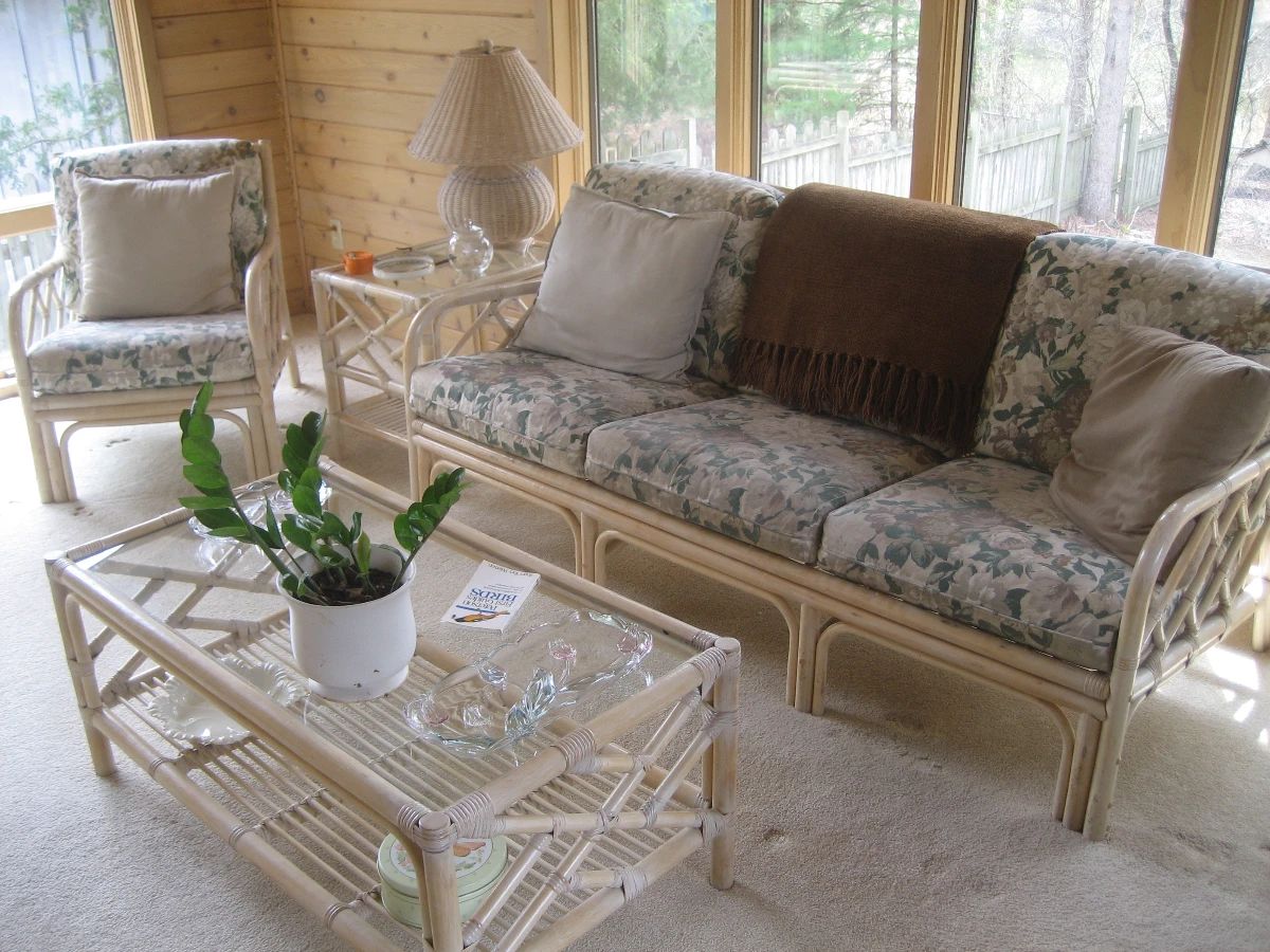 Rattan settee, chair, end table, and coffee table