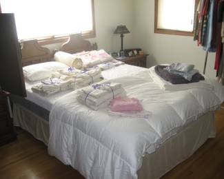 Thomasville queen bed, goose down comforter, and bed linens