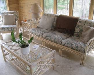 Rattan settee, chair, end table, and coffee table