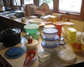 Tupperware assortment, vintage cookbooks