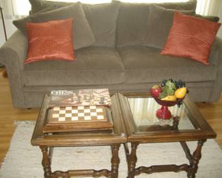 Room and Board upholstered sofa, wood and glass tables, area rug, folding chess set