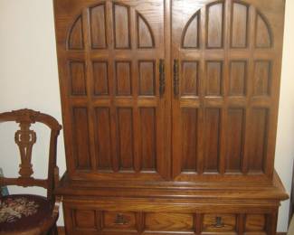 Thomasville dresser/armoire, antique chair with needlepoint cushion