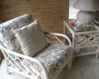 Rattan  chair (1 of 2), side table, and wicker lamp