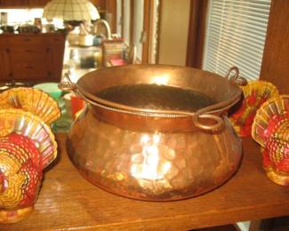 Copper pot, ceramic turkeys