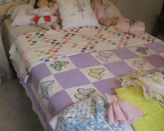 Lea Furniture full size bed (headboard adjustable to queen size), vintage quilts