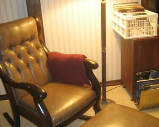Uphosltered antique rocker and ottoman, floor lamp