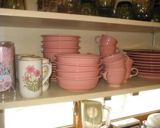 Fiestaware in rose, vintage mugs and glasses